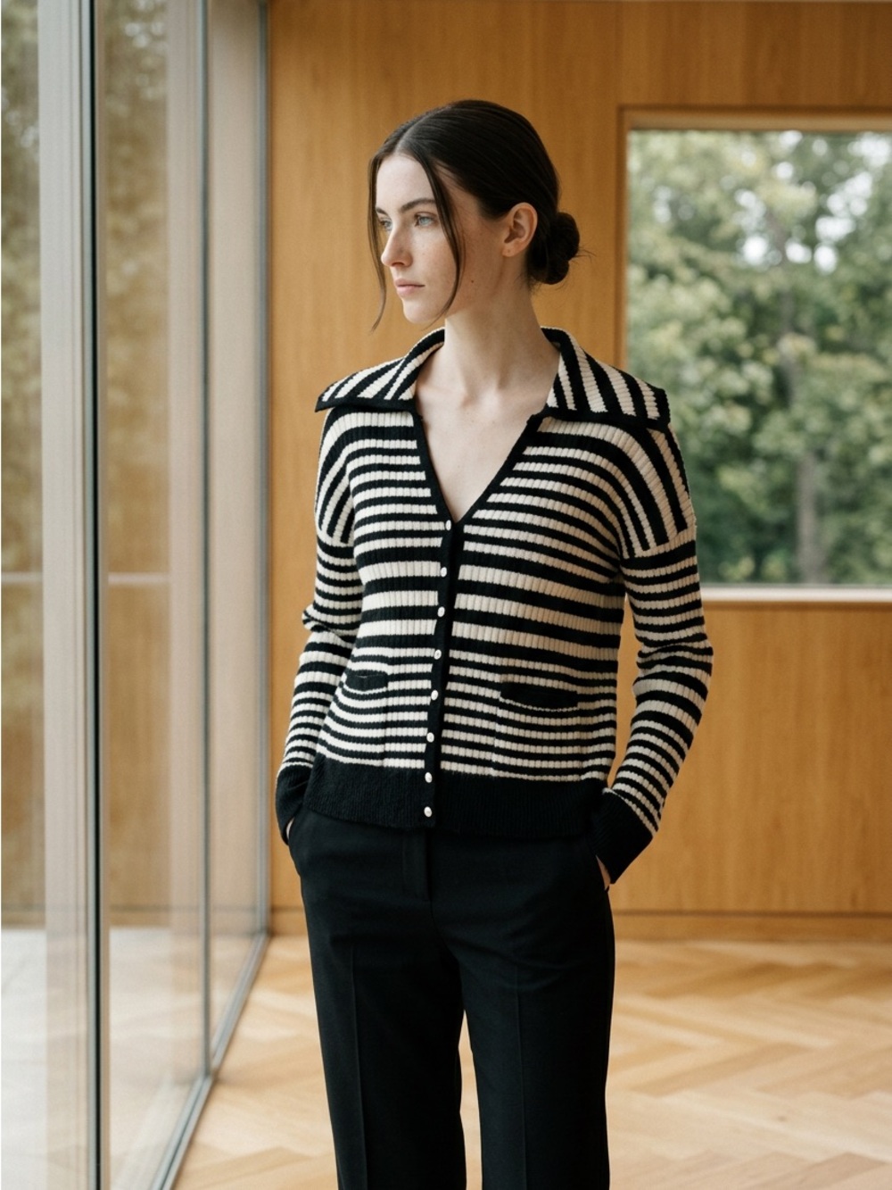 Bagatelle Collection Large Cardigan Sweater Black White Stripe Large Collar $89